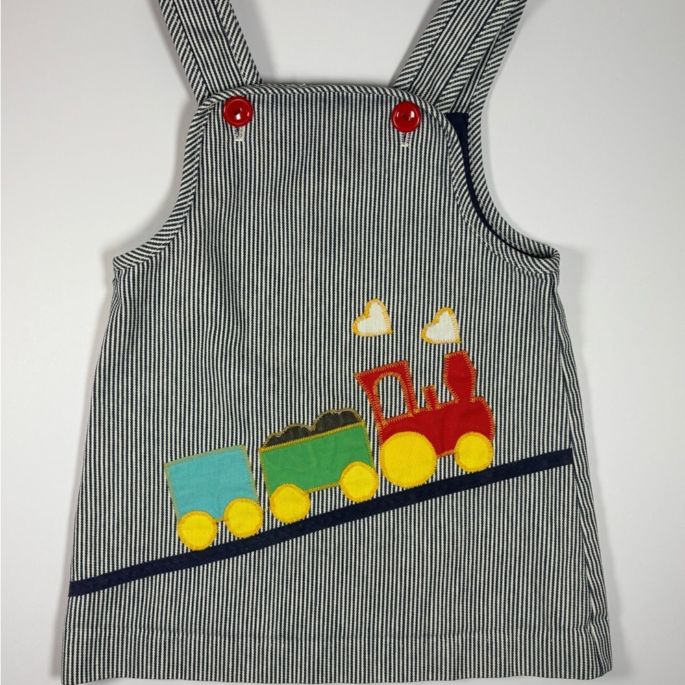 Vintage 80s Just Girls Toddler Jumper Dress 4T Train Appliqué Railroad Stripes